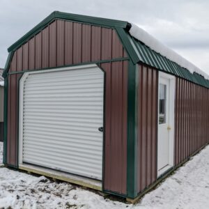 12x30 lofted garage earth brown siding - green trim 8x7 white rollup door